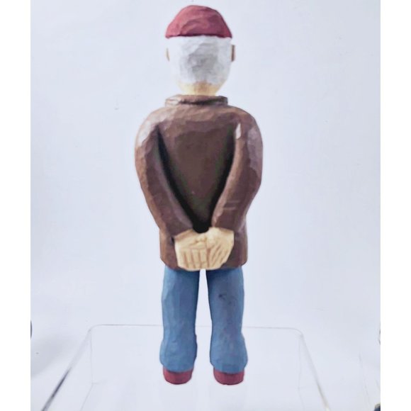 Hand carved Wood Folk Art Grandfather 7 Inches Overalls Coat Baseball Red Baseba - Picture 3 of 9